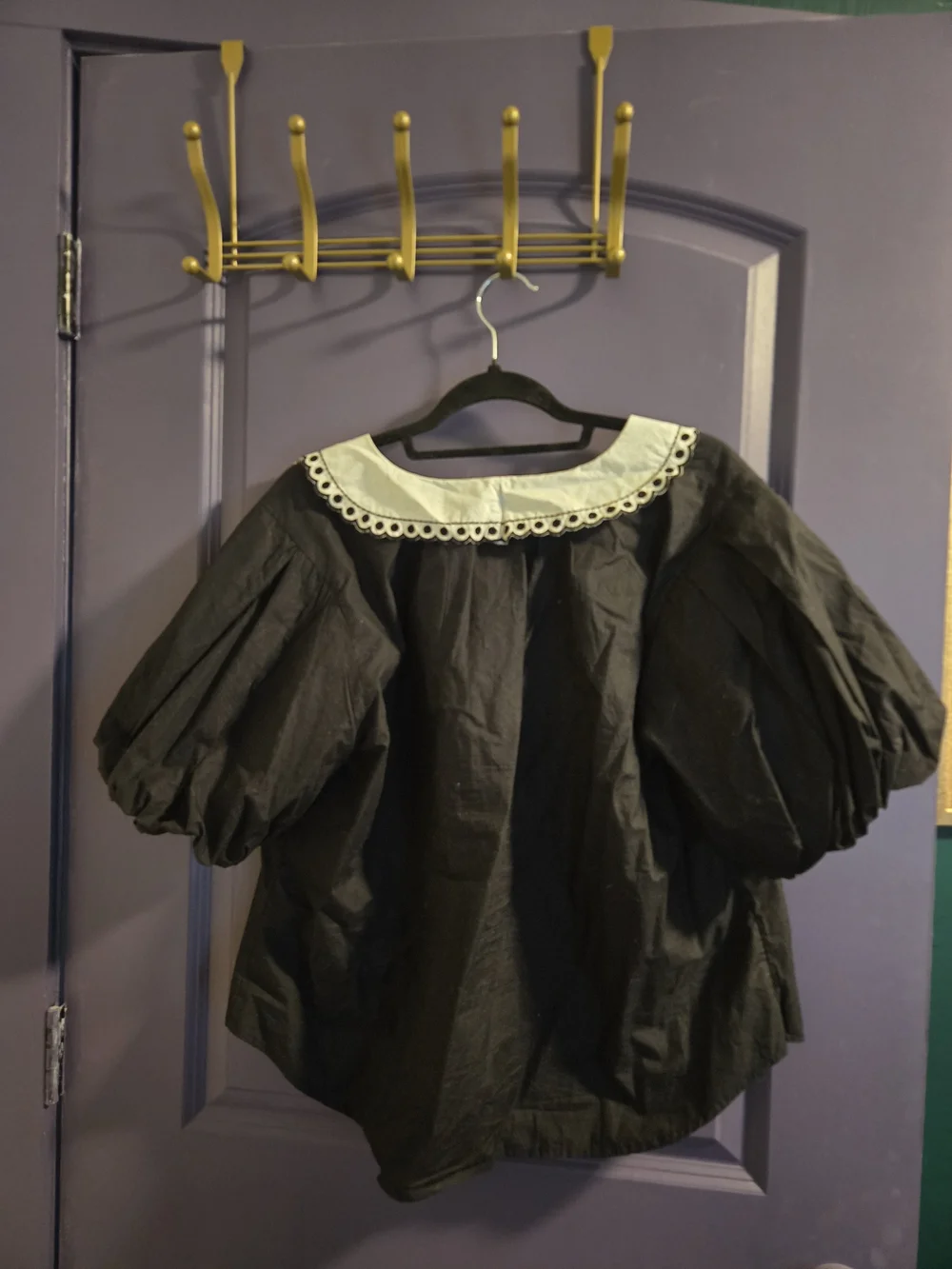 Anthropologie Black Button-Front Blouse with Embroidered White Collar - Picture 6 of 6
